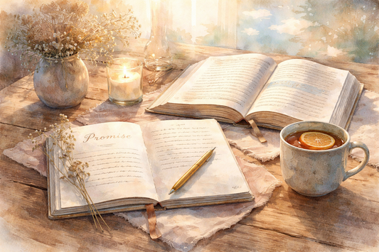 sur une table en bois, un carnet ouvert avec un stylo et une bible ouverte, une tasse avec une boisson chaude, une bougie et un bouquet de fleur