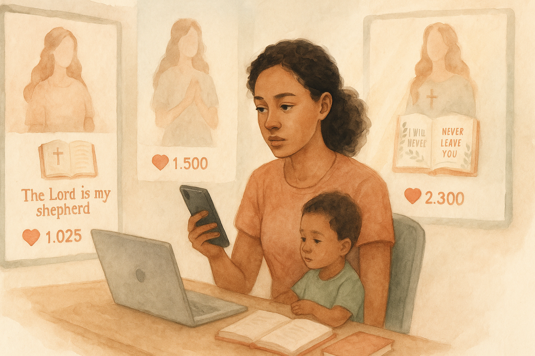 une mère assise a son bureau avec son enfant en train de comparé ses performances sur les réseaux sociaux avec des personnes qui réussissent