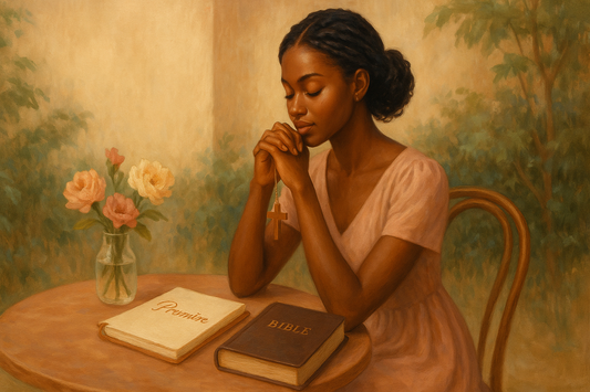 femme assise à une table priant avec le journal de prière Promise et une bible