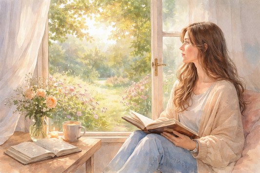 Femme priant et méditant avec un carnet et une Bible près d'une fenêtre ouverte, illustration aquarelle réaliste pour prier quand on doute, ambiance apaisante Hagar & Tamar